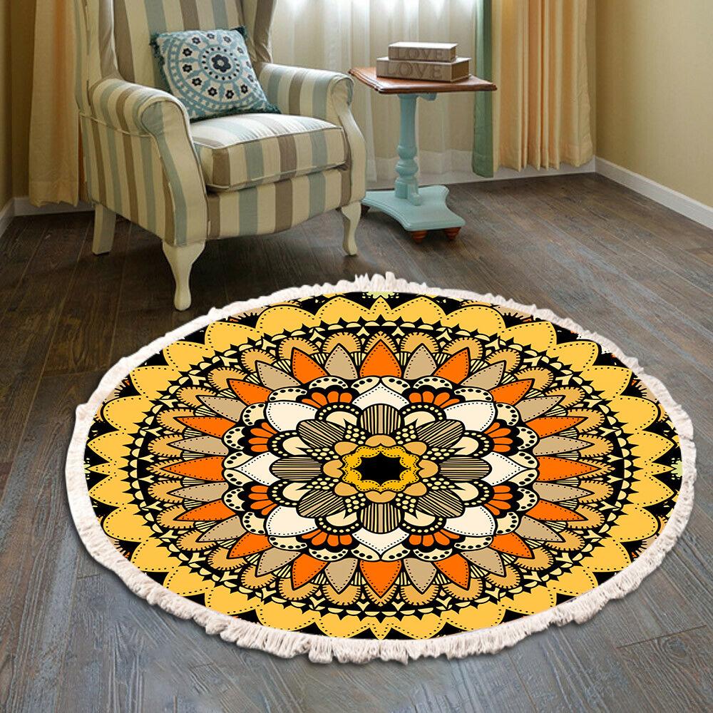 Nordic Cotton and Linen Home Leisure Non-slip Fringed Printed Round Carpet Living Room Floor Mat Bedroom Bedside Blanket