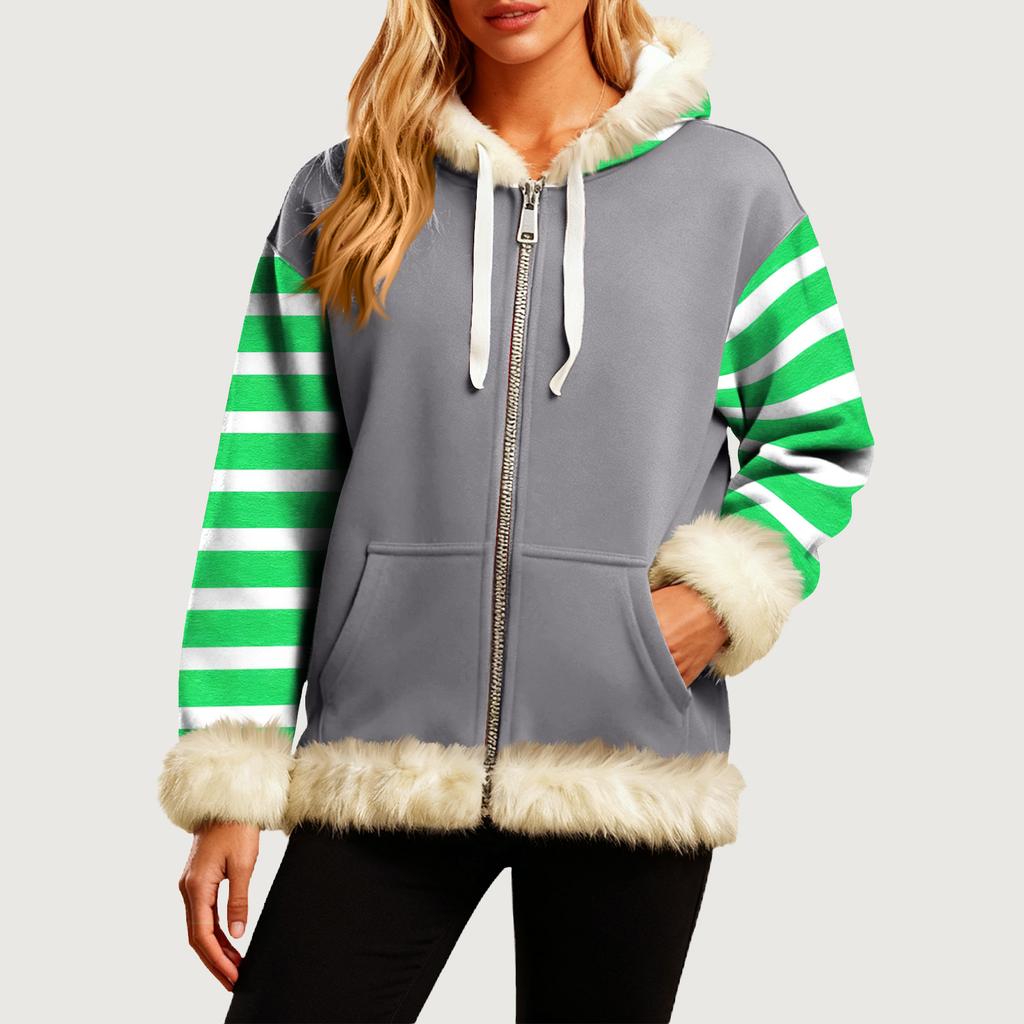 Women's Comfortable Loose Fashion Casual Striped Print Long Sleeve Pockets Hooded Sweatshirt Jacket