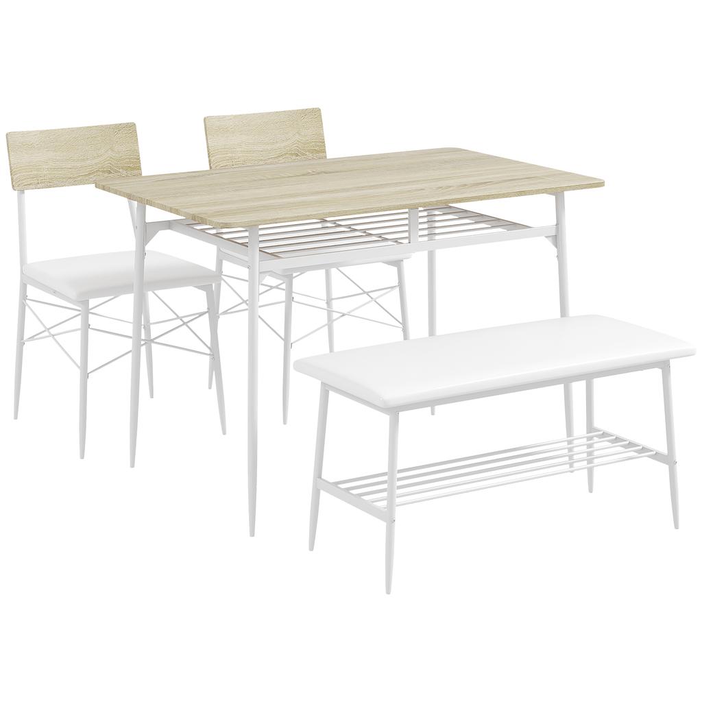 4-Piece Dining Table Set with Chairs and Bench for 4 People, Upholstered Seats, Steel Frame, Wood, Oak
