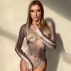 European and American Fashion Sexy Long Sleeves Jumpsuit Sexy Inspirational Sheer Mesh Stylish Printed All-Matching T-shirt