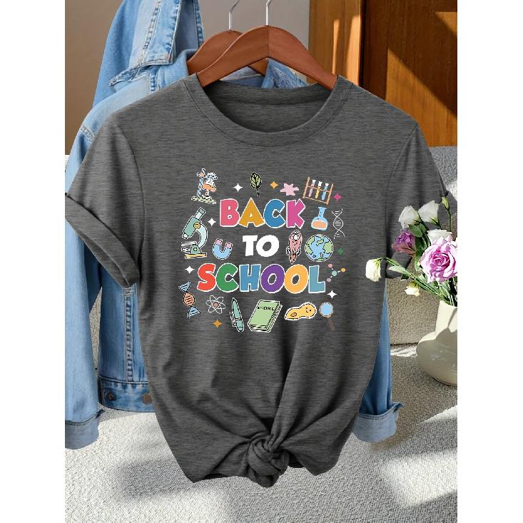 Back-to-School Season Fashionable and elegant style BACK TO SCHOOL Colorful letter pattern printed round neck short sleeve shirt T Women's