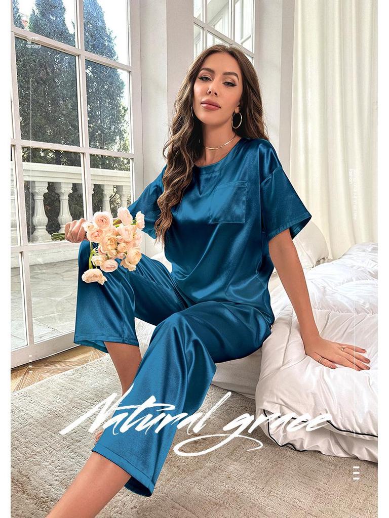 Yaoting Women's Summer Ice Silk Pajama Set - Short Sleeve Top & Long Pants, Loose Fit Casual Homewear 3147