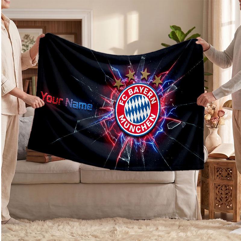 Personalisierte Fleece-Decke FC Bayern München Mit Fußball-Logo, Individueller Name Text Weich Warm Home Überwurfdecke