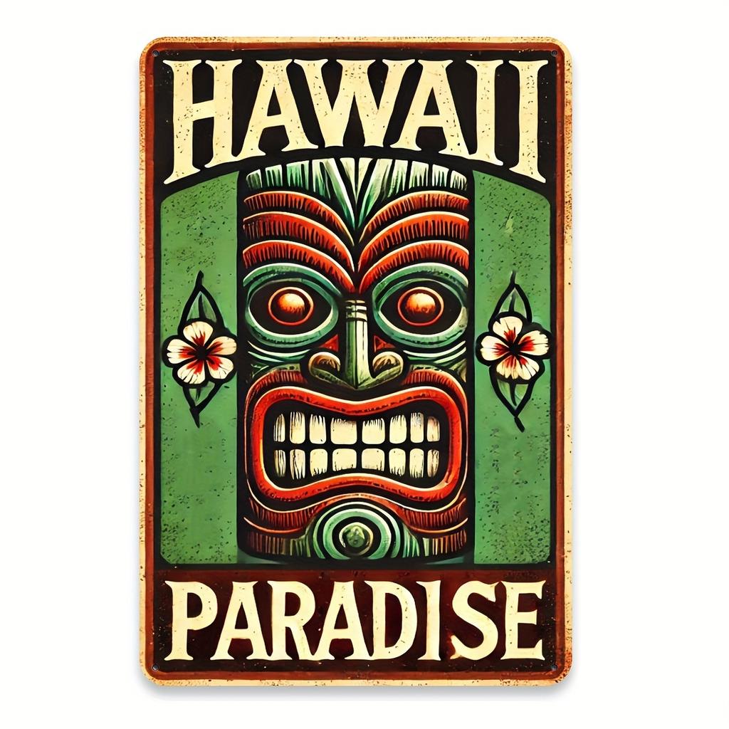 Hawaiian Paradise Tiki Mask Vintage Metal Sign Measuring Wrought Iron Wall Art Unique Retro Design Easy To Hang for Home
