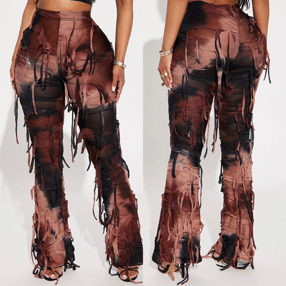 Neue Damen Herbst Tie-Dye Ausgefranste Jeans, Distressed Design Boho Streetwear Lässige Denim-Hose mit Fransen-Saum, Künstlerische Baggy-Hose