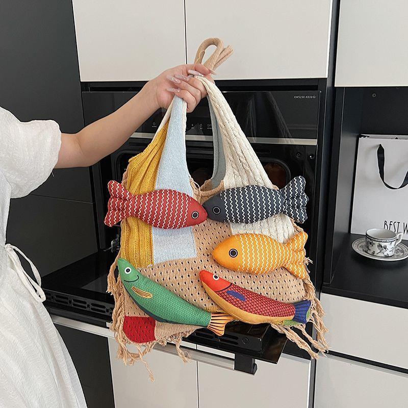 Women's Lazy Style Knitted Tote Bag - Versatile, Fashionable, Large Capacity, Single Shoulder, White