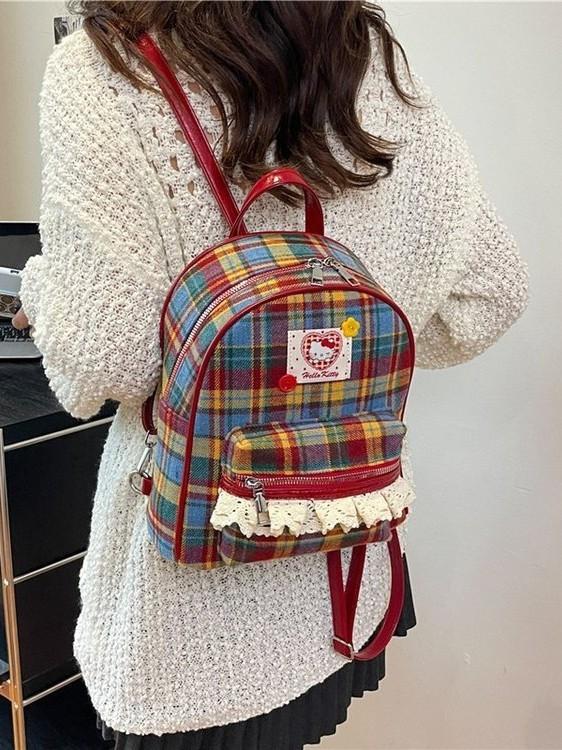 Vintage Red Plaid Kitty Backpack With Lace Detail For Daily Use