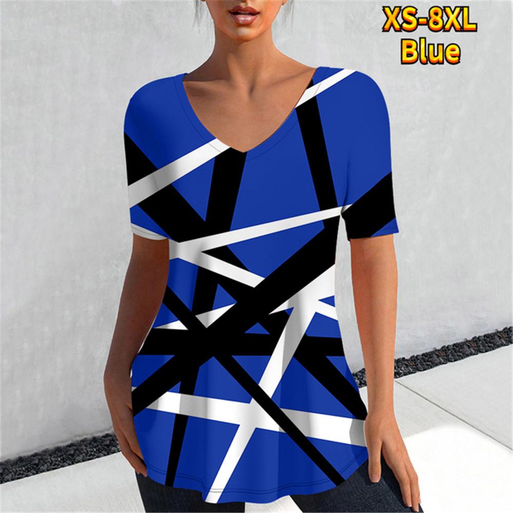 T-skjorte Dame Kontrastfargesøm Digital 3D-trykk Topper Casual T-skjorter Sommer Kort Erm Ny Rund Hals Skjorter Femme