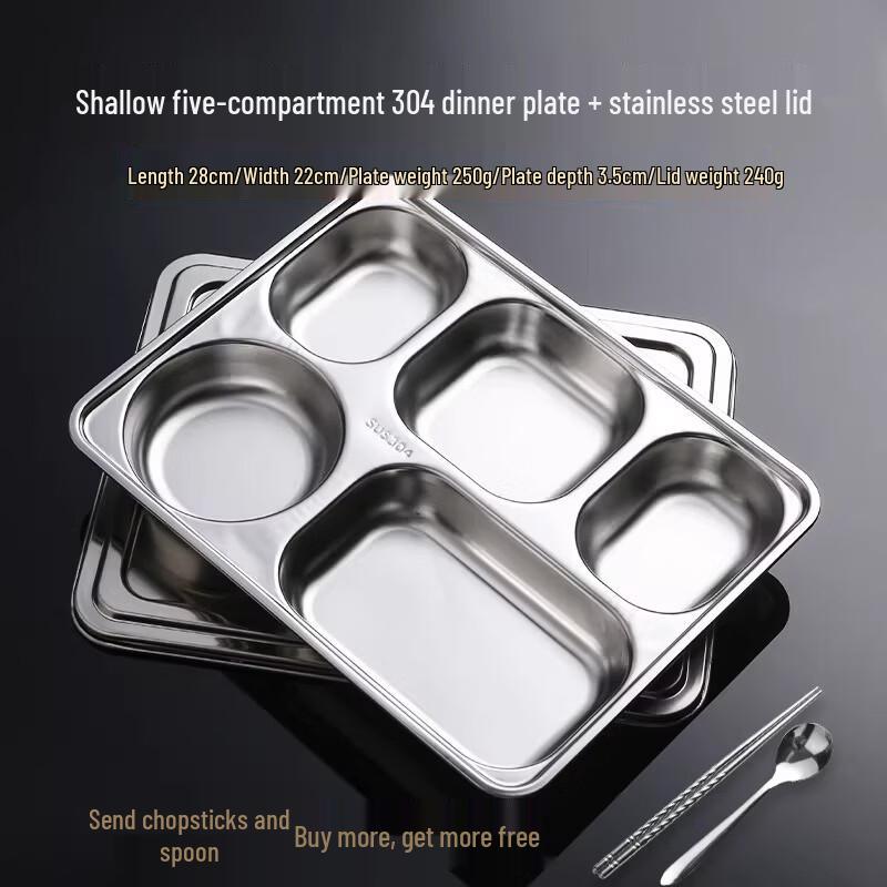 304 Stainless Steel 5-Compartment Meal Tray with Steel Lid