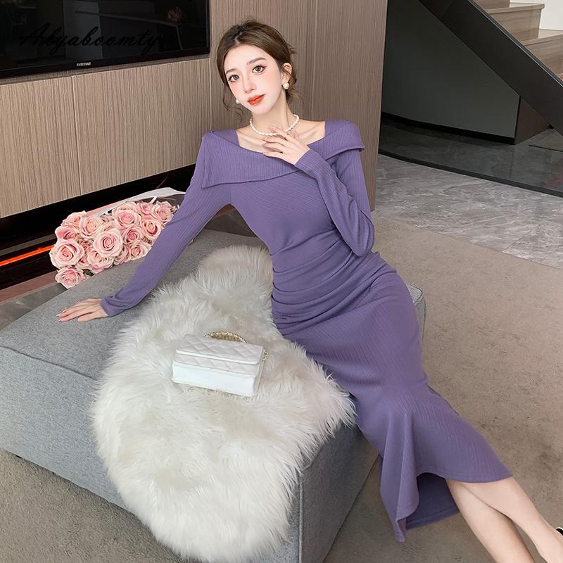 Korean Style Autumn Winter Women Sweater Dress Slash Neck Black Purple Red Knitting Dress Long Sleeve Elegant Feminine Dress