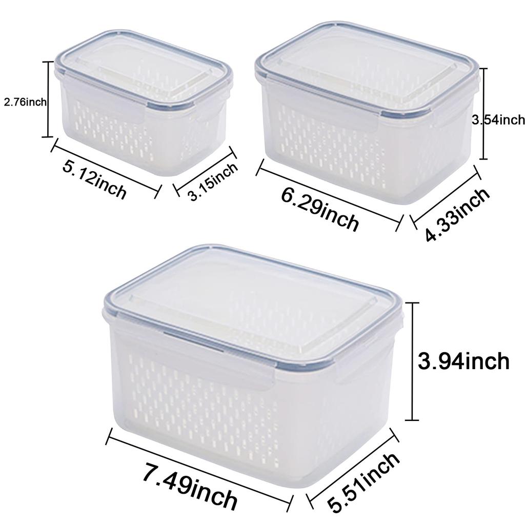 3er Pack Kühlschrank Lebensmittel Aufbewahrungsbehälter Set mit Deckeln mit Sieb Küchenaufbewahrungsboxen Obst Gemüse Organizer