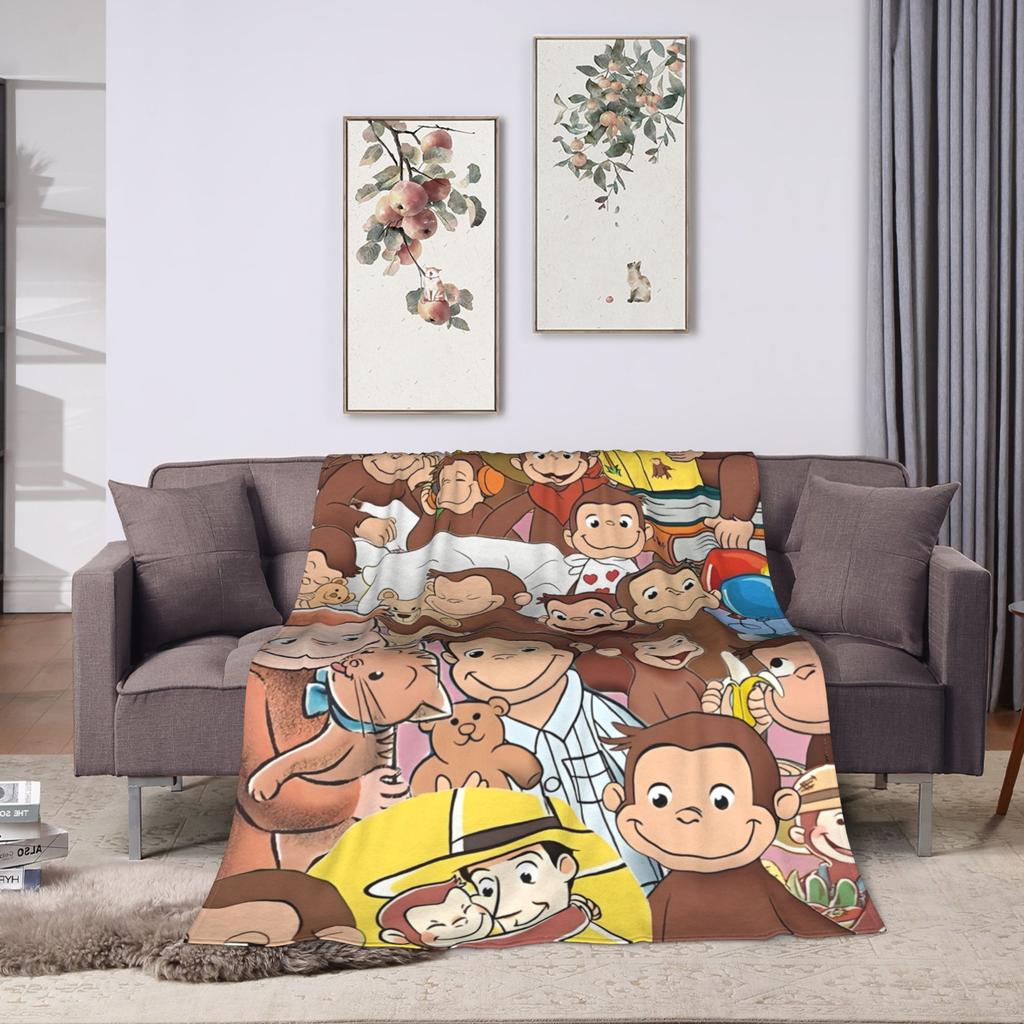 Cartoon Curious George Flannel Blanket  Soft Warm Throw Blanket for Couch Chair Decorative Funny Bedspread Sofa Bed Cover