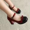 Chunky Heels Lolita Women Pumps Shoes Sweet Bowknot Mixed Color Vintage Mary Jane Shoes Patent Leather Platform Pumps Size 34-43