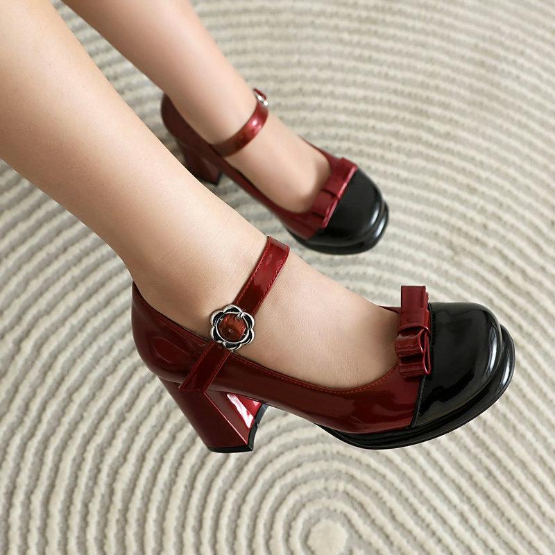 Chunky Heels Lolita Women Pumps Shoes Sweet Bowknot Mixed Color Vintage Mary Jane Shoes Patent Leather Platform Pumps Size 34-43