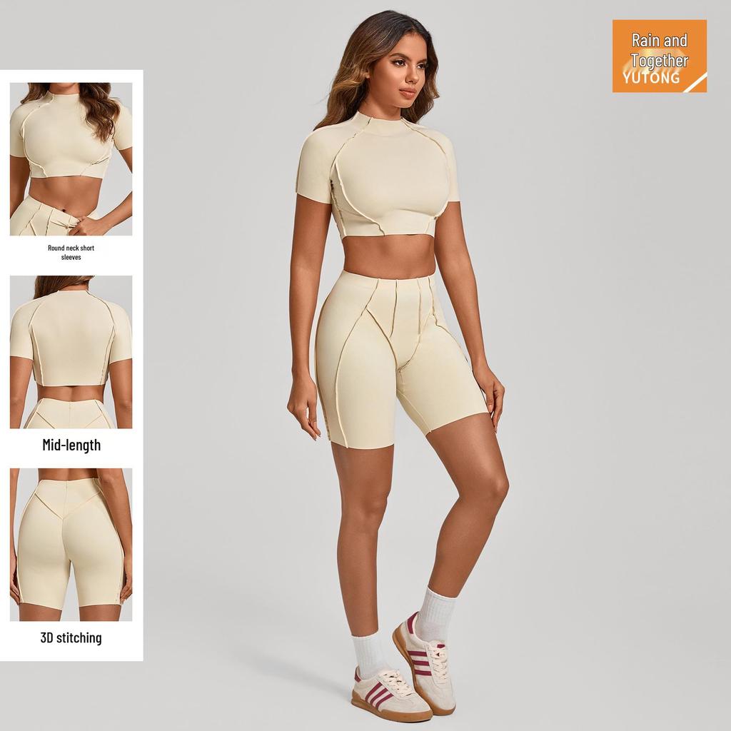 European & American 3D Patchwork Quick-Dry Yoga Set: Tight Short Sleeve & Shorts