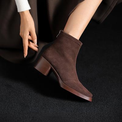 Fashion NEW Autumn Women Boots Cow Suede Leather Shoes for Women Round Toe Chunky Heel Shoes Concise Zip Ankle Boots Black Short Boots