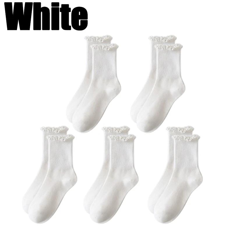 5pairs Korean Lolita JK Ruffle Cotton Socks for Women Middle Tube Ankle Soft Breathable Hosiery Black White Autumn Kawaii Socks