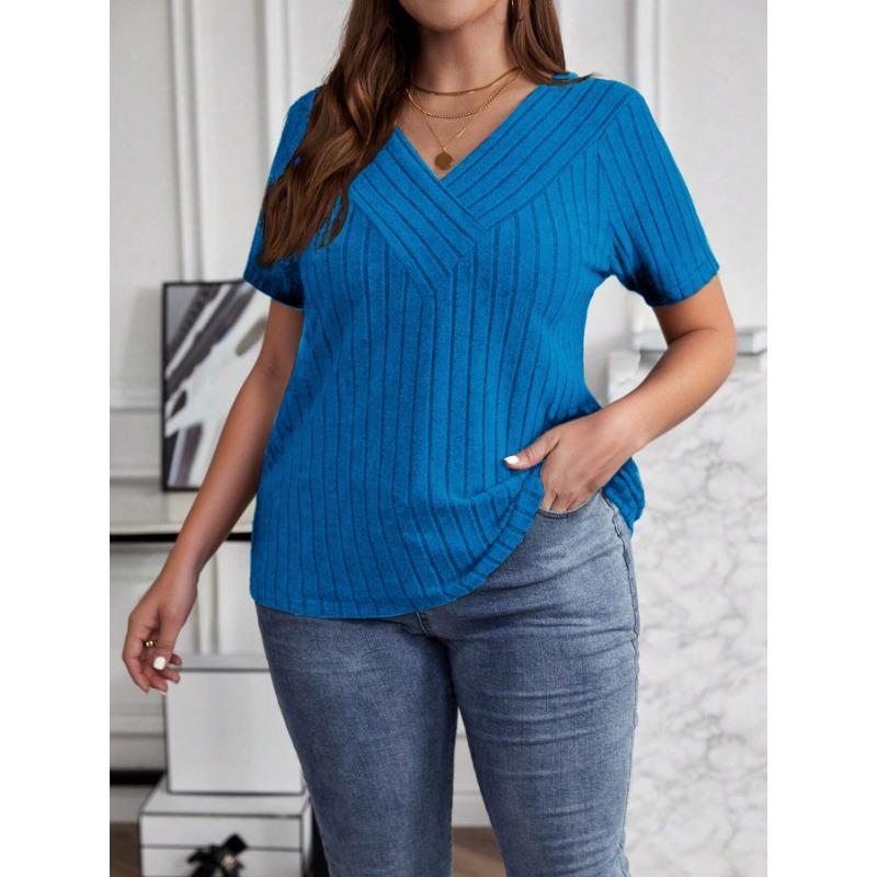 Summer Cross V-Neck Plus Size Short Sleeve Women Blouse Pit Strip Solid Color Top Fashion Loose Casual Elegant Simple T-shits Female Office Tee Shirts