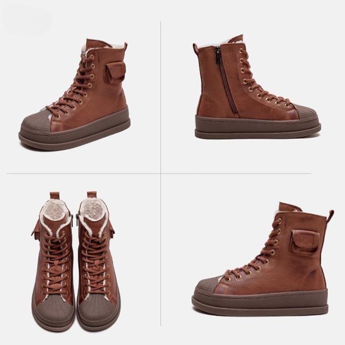 Johnature Winter Plüsch Warme Baumwollstiefel Echtes Leder Runde Zehen Dickbesohlte Kurze Damenstiefel