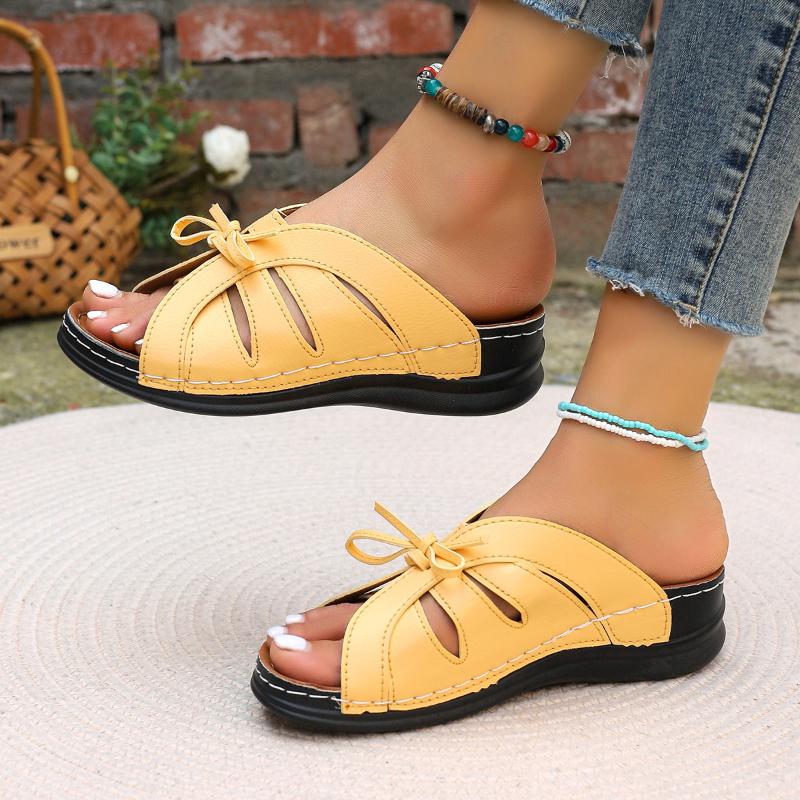 2024  women's wedge slippers summer new open toe bow comfortable thick bottom wedge beach shoes casual sandals