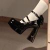 Modische Strass Mary Jane Schuhe für Damen, Runde Zehenpartie, Schwarz, Blockabsätze, Retro-Mode Dicke Sohle, Französische High Heels