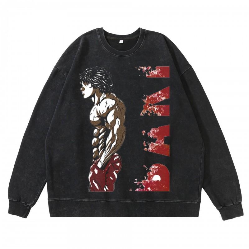 Heavyweight 360g Washed Vintage Baki Hanma Anime Graphic Hoodie-Free Cotton Sweatshirt Men