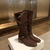 Sheepskin version~ 7cm heightening stack medium boots women's tip round head cross strap retro thick heel long boots knight boots