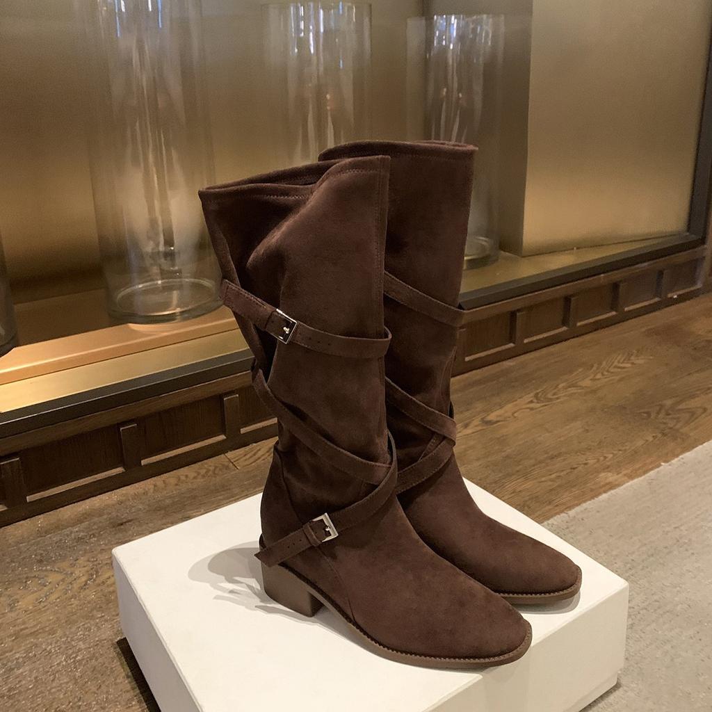 Sheepskin version~ 7cm heightening stack medium boots women's tip round head cross strap retro thick heel long boots knight boots