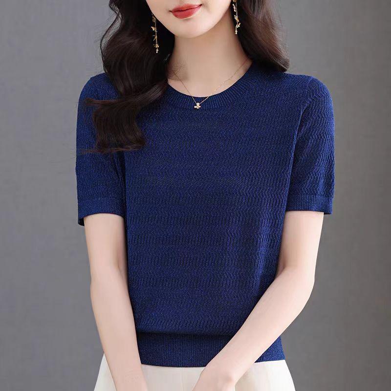 Women's Ice Silk Knitted Bottom Shirt Round Neck Loose Thin Short Sleeve T-shirt Hollow Top