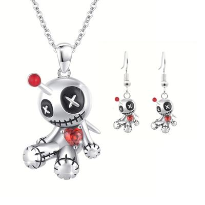 Mysterious Voodoo Doll Pendant Necklace And Earring Set Fashionable Neck and Ear Jewelry For Unique Style Enthusiasts