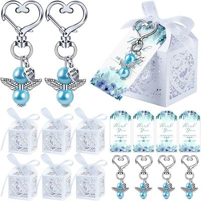 24pcs Guardian Angel Keychains Pearl Pendant Party Favours Candy Box For Girl Boy Baptism Baby Shower Wedding Birthday Gifts
