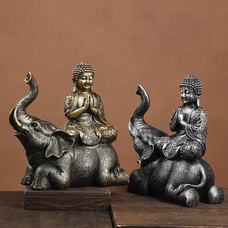 Elephant Buddha Statue Thailand Buda Resin Huddhism Figurines Fengshui Hindu Sitting Buddha Figurine Living Room Home Decor Gift