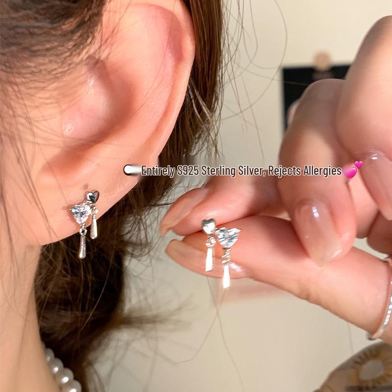 Beixi s925 Sterling Silver Double Heart Tassel Stud Earrings - Elegant Light Luxury Women s Spring/Summer Earrings. 925 Sterling Silver