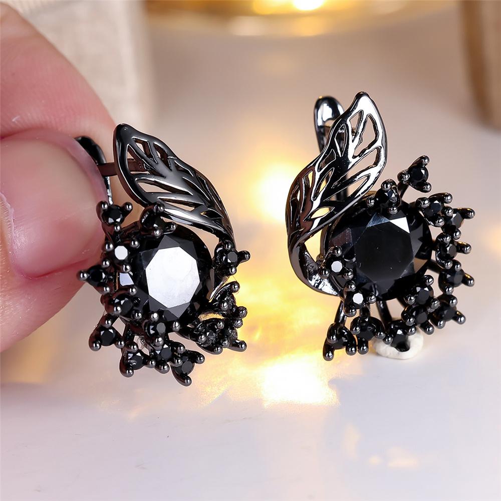 Cute Female Small Black Zircon Stone Hoop Earrings Vintage Fashion Wedding For Women