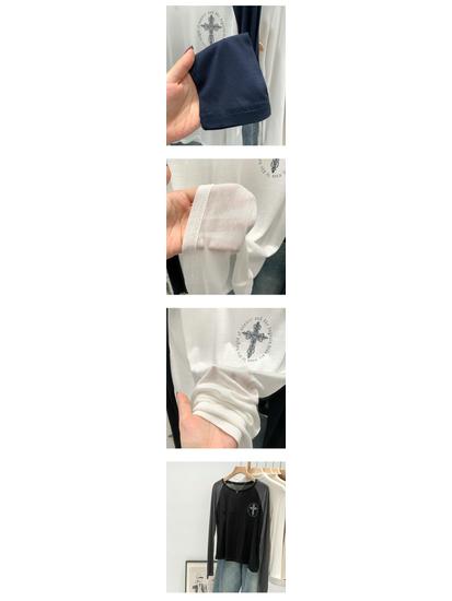 Women's Retro Color Block Crew Neck Long Sleeve Cross Print T-shirt for Autumn/Winter
