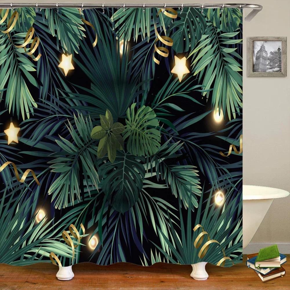 

3D Printed Green Tropical Plants Shower Curtains Bathroom Waterproof Polyester Leaves Bath Curtain Shower Curtain Bath Screen W60H190(CM)-1 Pcs