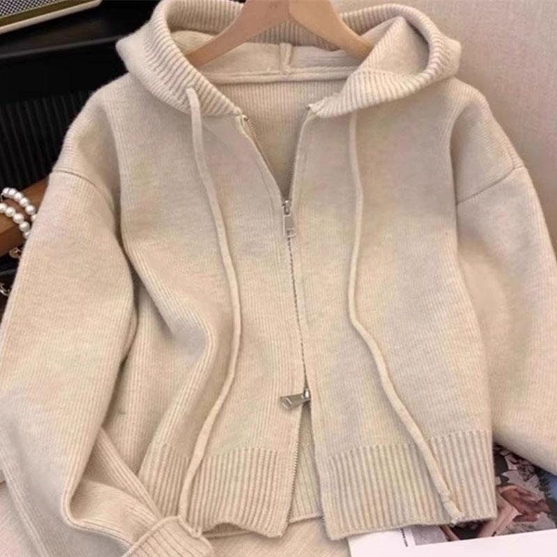 Spring Autumn Women Hooded Sweater Cardigan Tops Female Loose Zipper Knitwear Coat Lady Long Sleeved Outwear