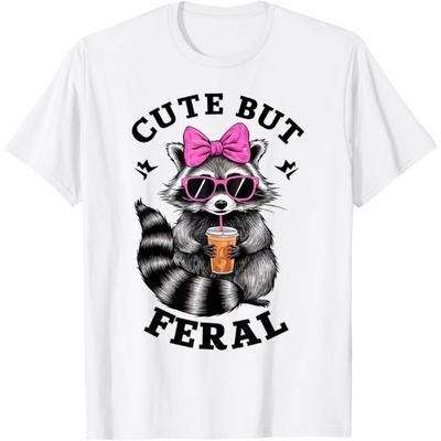 Cute But Feral Funny Colorful Racoon With Sunglasses Racoon T-Shirt, Small, White