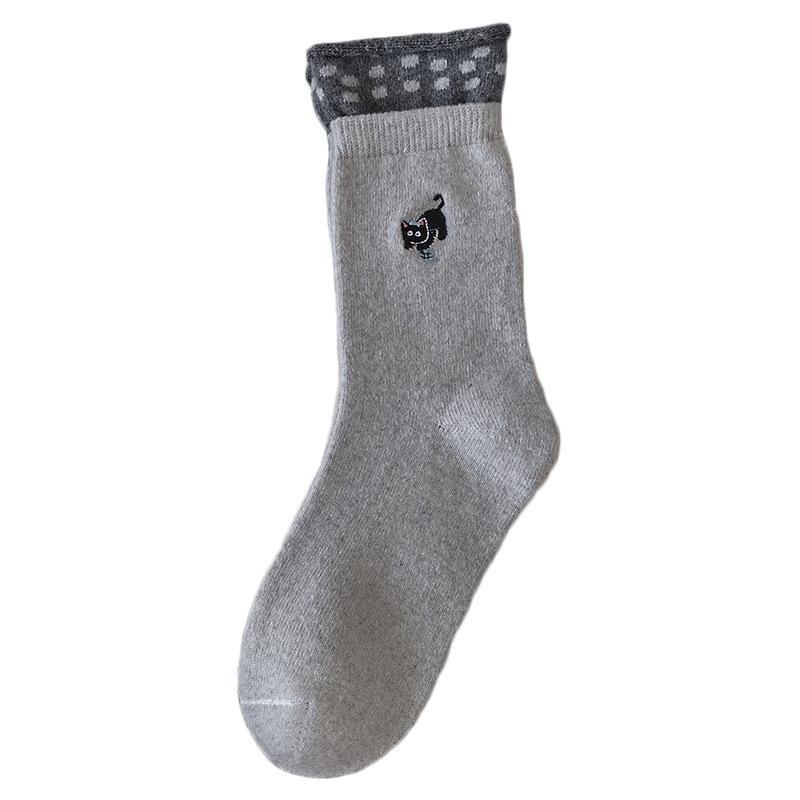Gray Wool Socks Children'S Season Warm Medium Tube Socks Cute Cartoon Embroidered Cat Striped Cloth Label Stacking Socks
