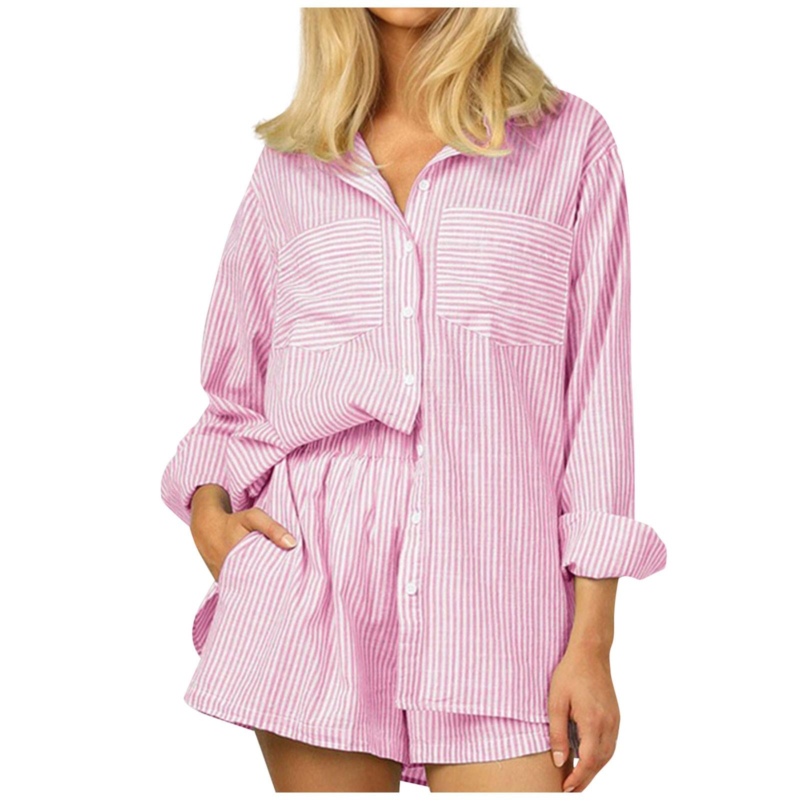 

(SU)Женская мода Свободные повседневные полосатые рубашки и шорты Домашний комплект из двух предметов