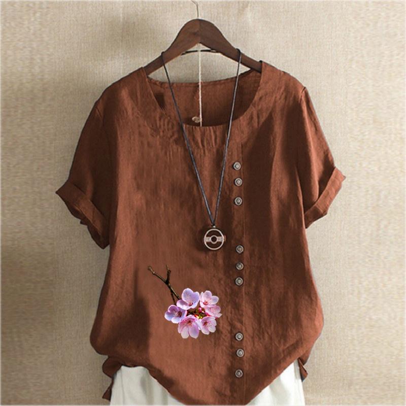 Women's Fashion Flowers Prined Short Sleeve T-shirt Loose Cotton Shirt Casual Loose Summer Blouse Tops