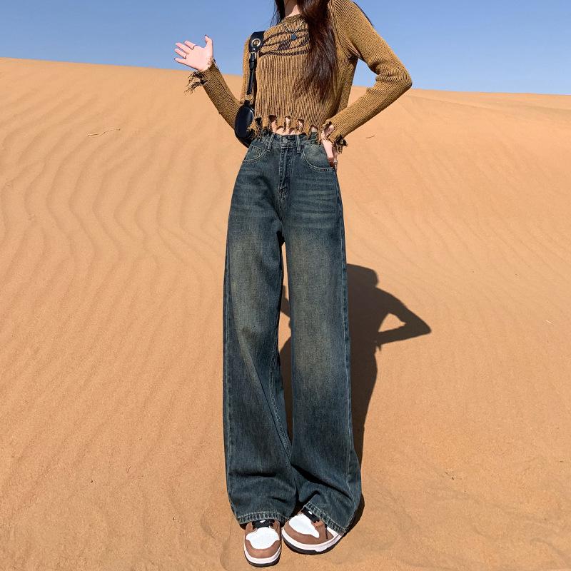 Women s Cement Gray High Waist Straight Leg Jeans - Spring Trendy Loose Fit, Floor Length Pants Small