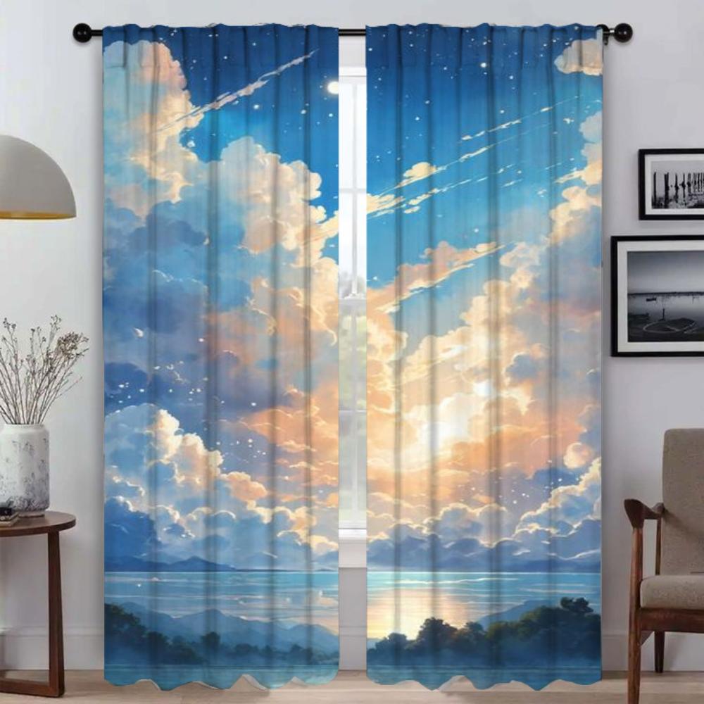 Home Interior Curtains for Living Room Curtain Sky and Ocean Shades Anti-mosquito Curtains 2 Pieces Tulle for Bedroom Partition