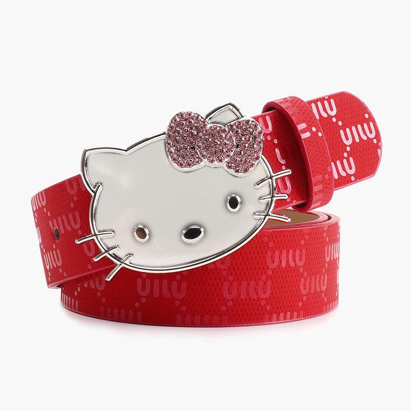 Metalowy Pasek Damski Hello Kitty z Nadrukiem Litery i Cyrkoniami do Codziennego i Eleganckiego Ubioru
