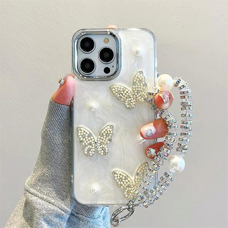 

3D Pearl Butterfly Phone Case for IPhone 16 Promax Drop Resistant Adhesive Bracelet for Apple 17 Women s 14 For iPhone 7/8/SE 2020