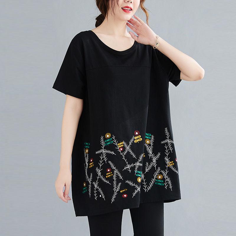 Große Größen Damen Mittellang bis lang Sommer Kurzarm T-Shirt Lockeres Oberteil