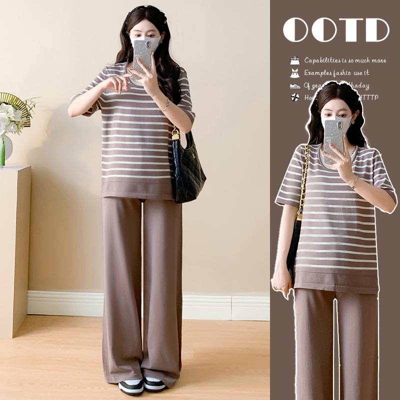 

2026 Summer Maternity Fashion Striped Top & Wide-Leg Pants Two-Piece Set M