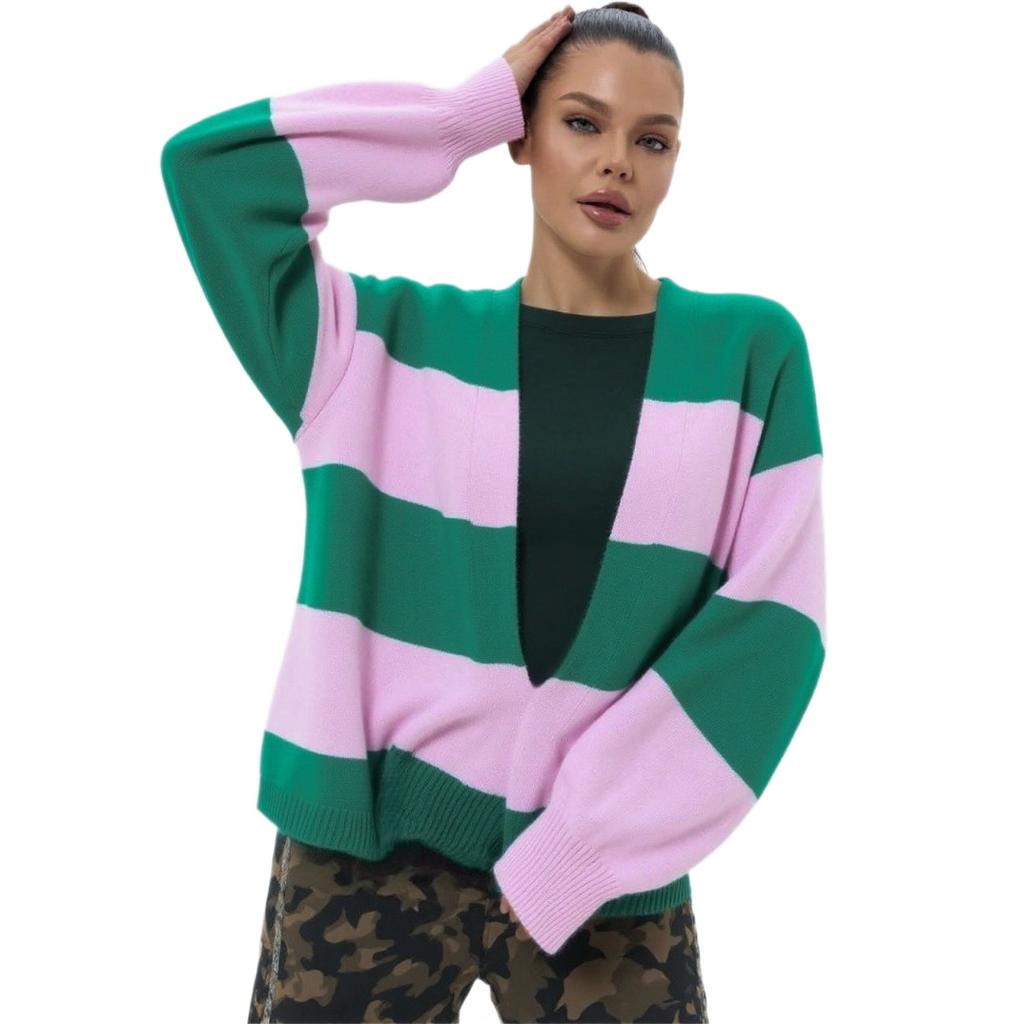 Pullover im europäischen und amerikanischen Stil, farbblockierter gestreifter Cardigan für Damen, lockere Strickjacke mit langen Ärmeln für Damen, Damenpullover