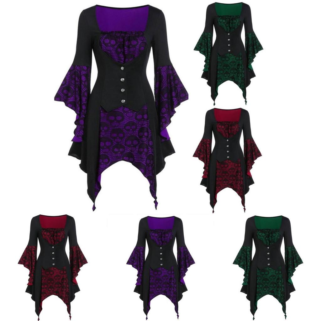 Women's Gothic Skull Pattern Medieval Renaissance Dress For Cosplay And Costume Parties