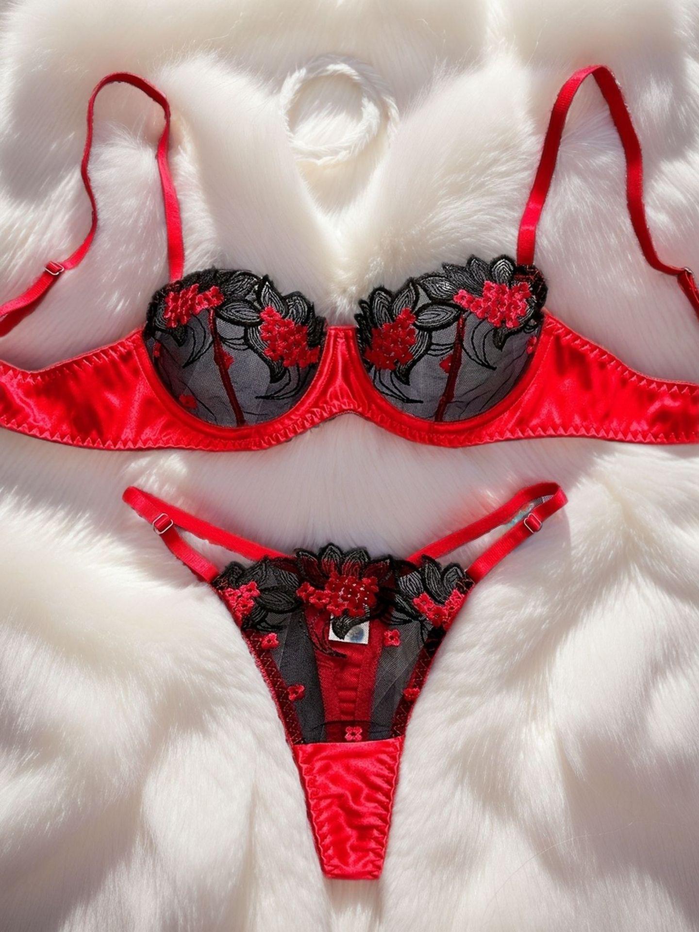 

Европейский и американский сексуальный французский вышитый сетчатый комплект нижнего белья L красный